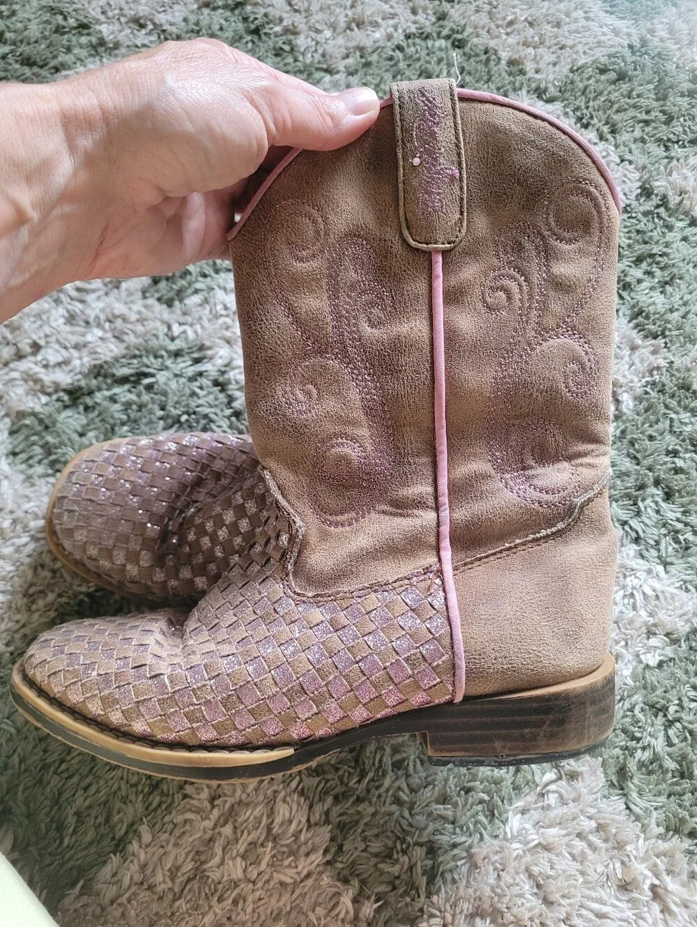 Girls Tan and Pink Woven Western Boots